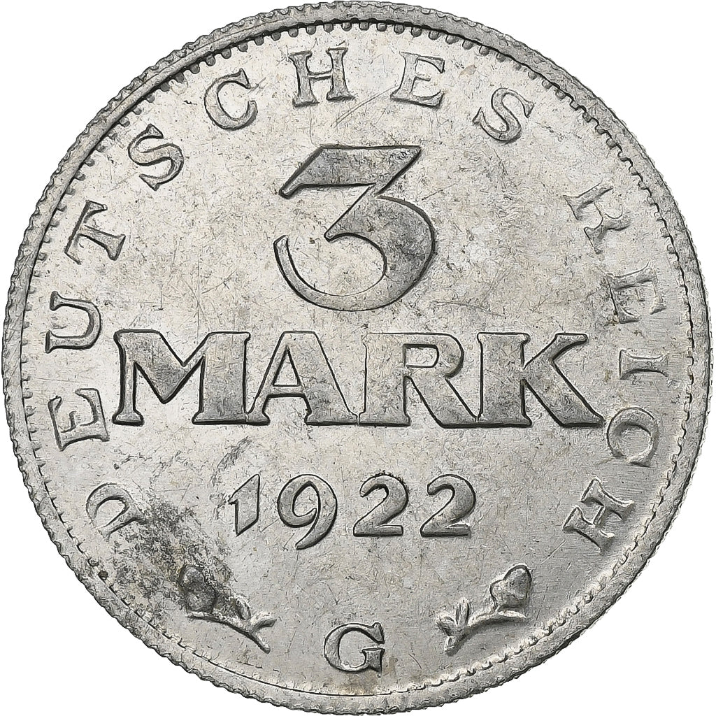 GERMANY, WEIMAR REPUBLIC, 3 Mark, 1922, Karlsruhe, Aluminum, VF(30-35), KM:29