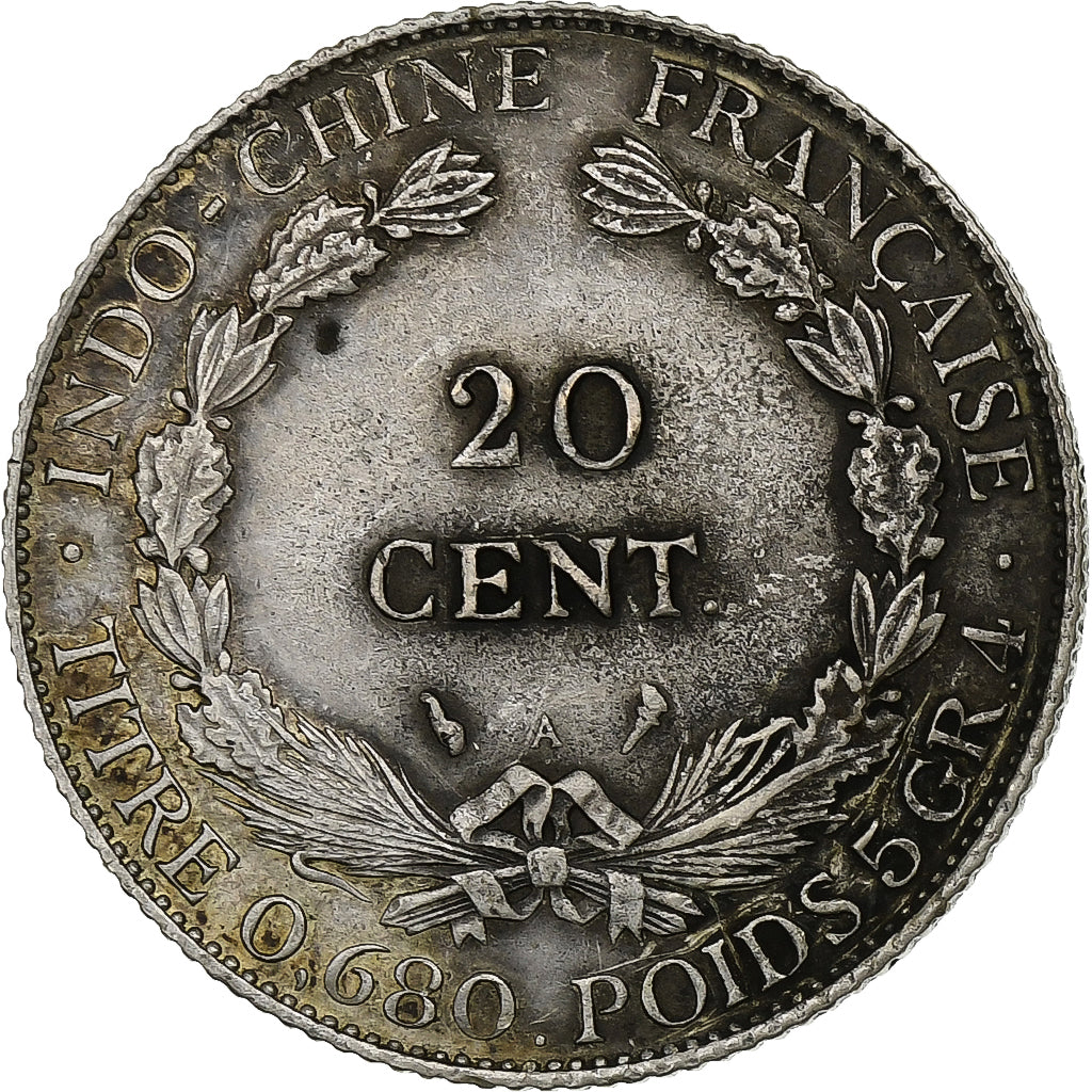 Indochine, 20 Cent, 1925, Paris, Silver, VF(30-35), Lecompte:225