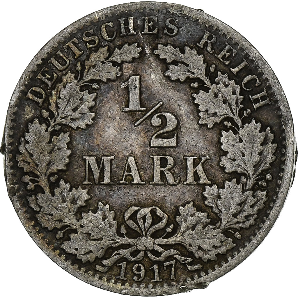 GERMANIA - IMPERO, 1/2 Mark, 1917, Berlin, Argento, MB+, KM:17