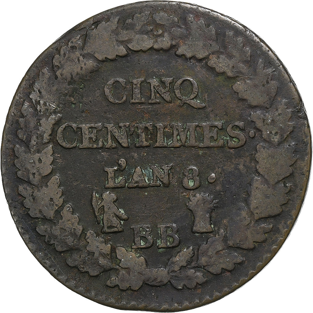 Francia, 5 Centimes, Dupré, AN 8, Strasbourg, Bronzo, MB+, Gadoury:126a