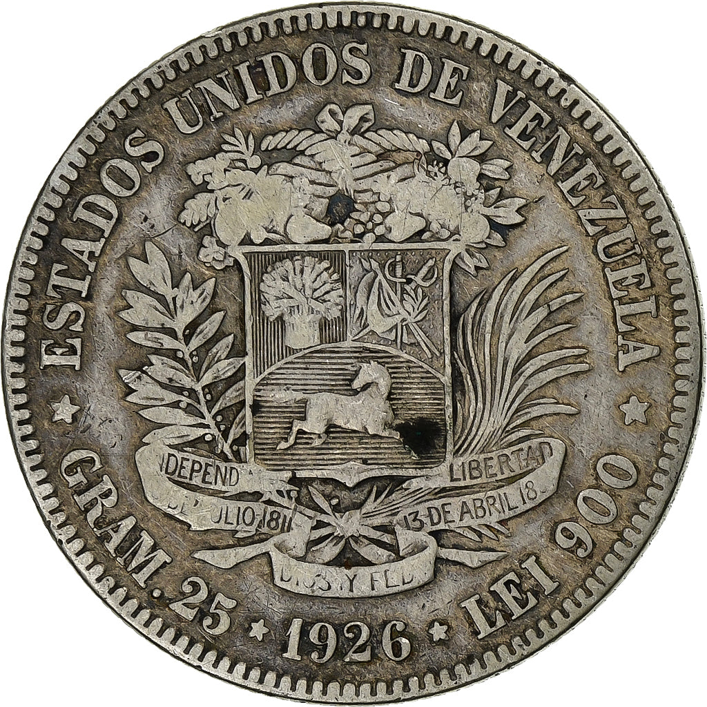 Venezuela, Gram 5, Bolivar, 1926, Silver, VF(20-25), KM:22