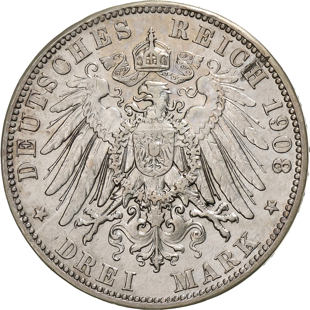German States, PRUSSIA, Wilhelm II, 3 Mark, 1908, Berlin, Silver, AU(50-53)