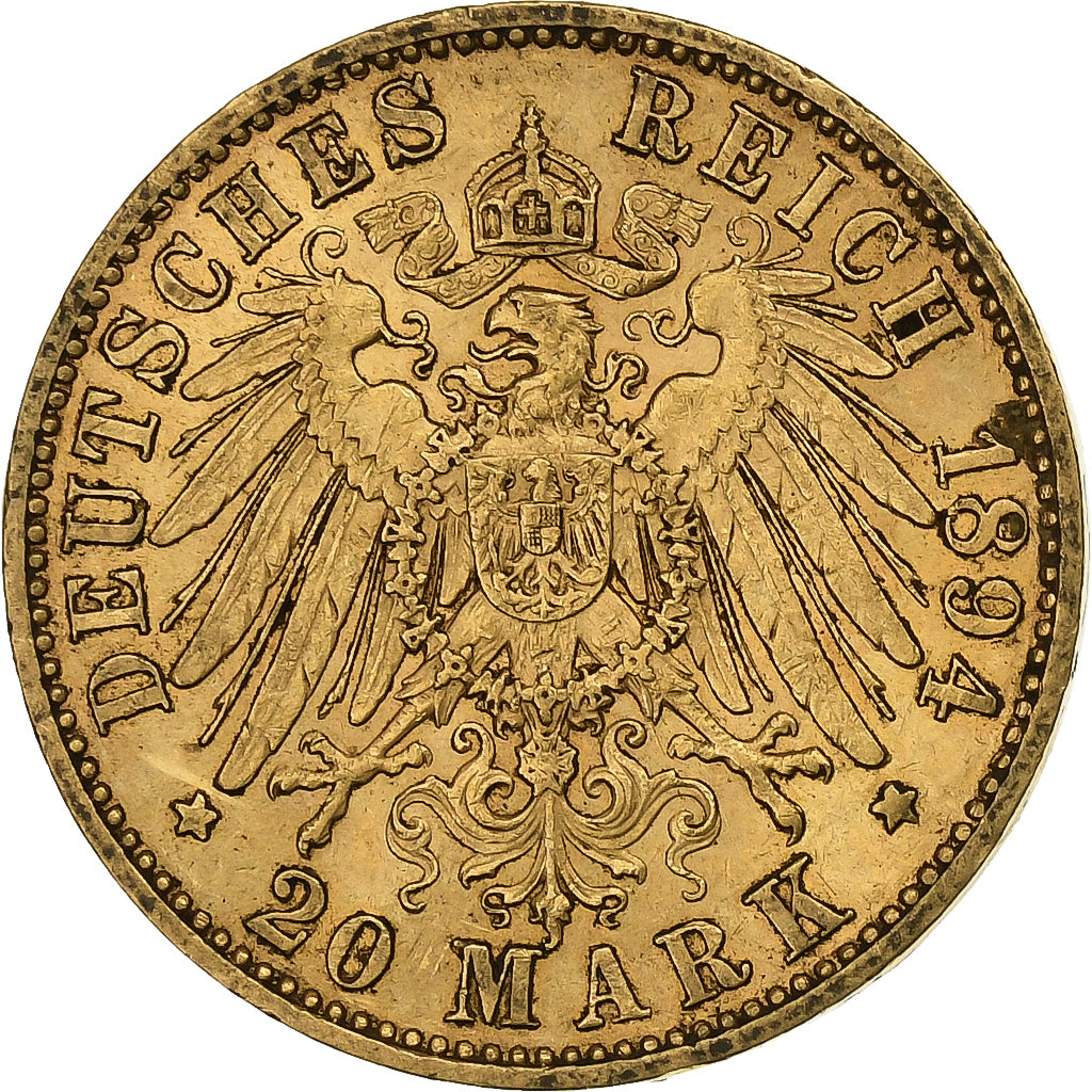 Stati tedeschi, SAXONY-ALBERTINE, Albert, 20 Mark, 1894, Muldenhütten, Oro