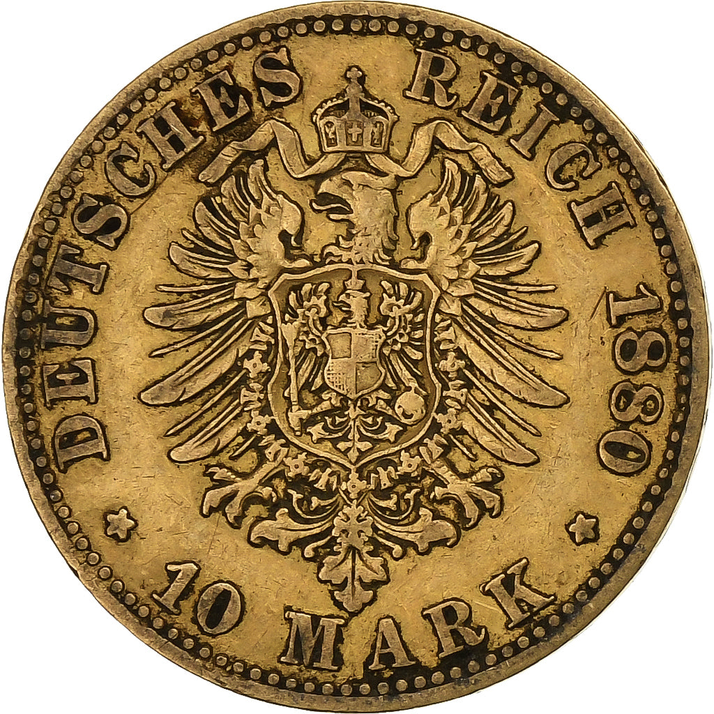 German States, PRUSSIA, Wilhelm I, 10 Mark, 1880, Berlin, Gold, EF(40-45)