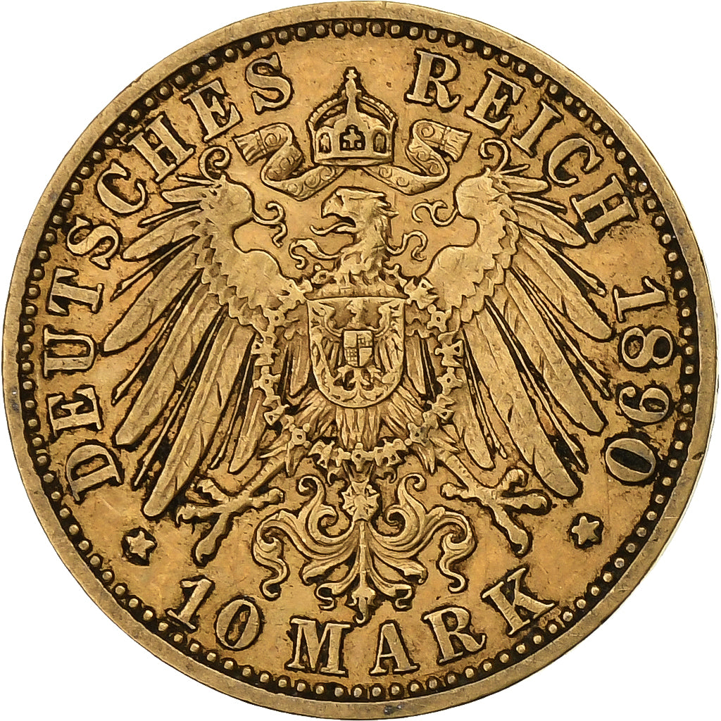 German States, PRUSSIA, Wilhelm II, 10 Mark, 1890, Berlin, Gold, EF(40-45)