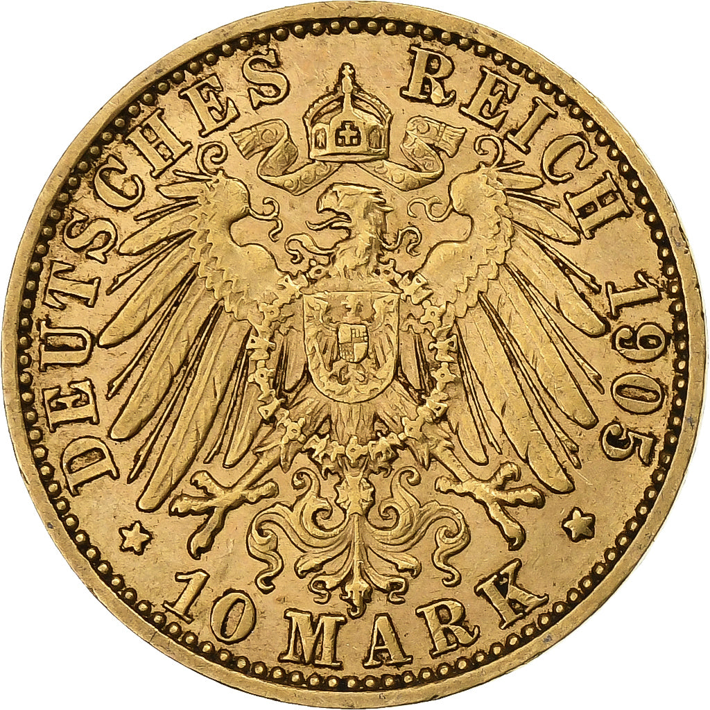 German States, PRUSSIA, Wilhelm II, 10 Mark, 1905, Berlin, Gold, AU(50-53)