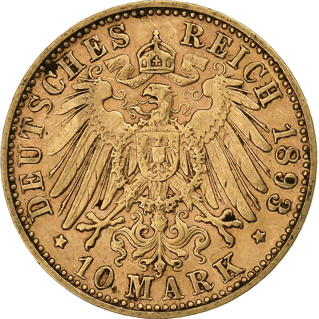 Etats allemands, WURTTEMBERG, Wilhelm II, 10 Mark, 1893, Freudenstadt, Or, TTB+