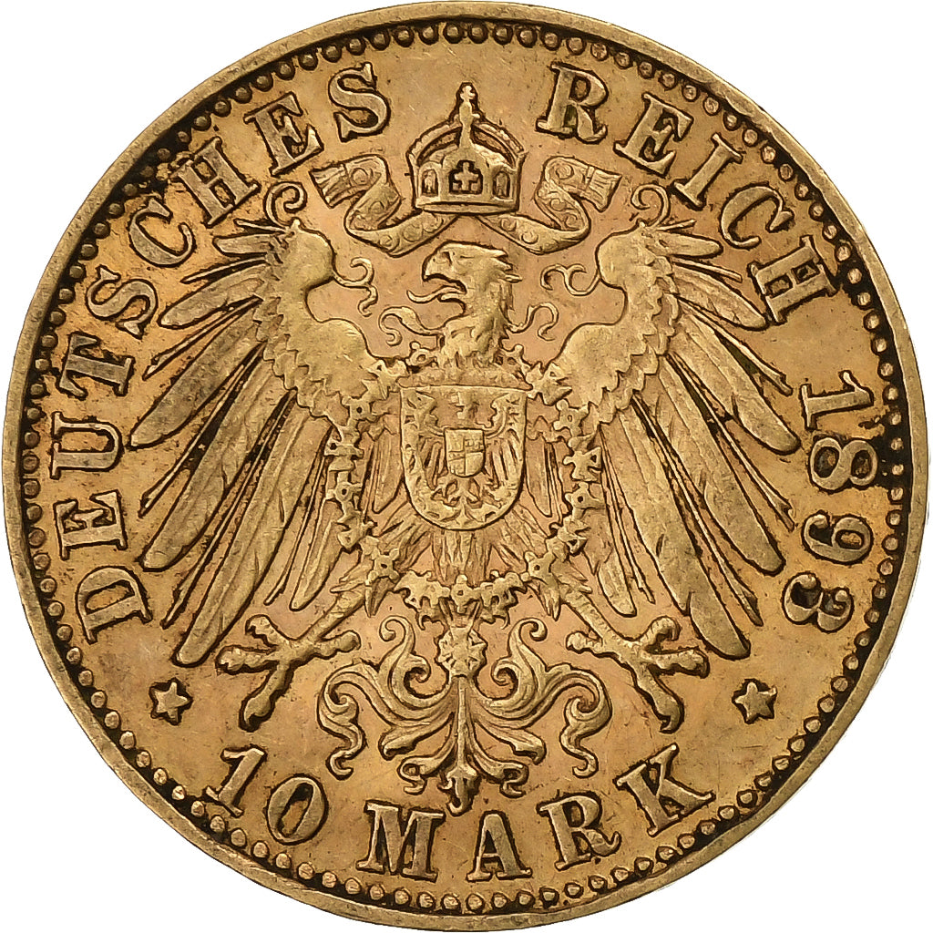 German States, WURTTEMBERG, Wilhelm II, 10 Mark, 1893, Freudenstadt, Gold