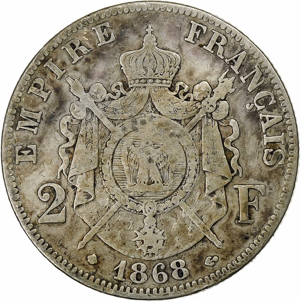 Francja, Napoleon III, 2 Francs, 1868, Paris, Srebro, VF(20-25), Gadoury:527, Le