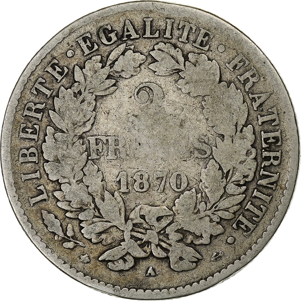 France, 2 Francs, Cérès, 1870, Paris, Argent, TB, Gadoury:530, KM:817.1