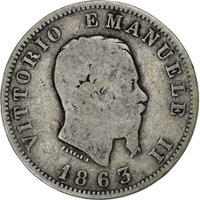 Itália, Vittorio Emanuele II, Lira, 1863, Milan, Prata, F(12-15), KM:5a.1