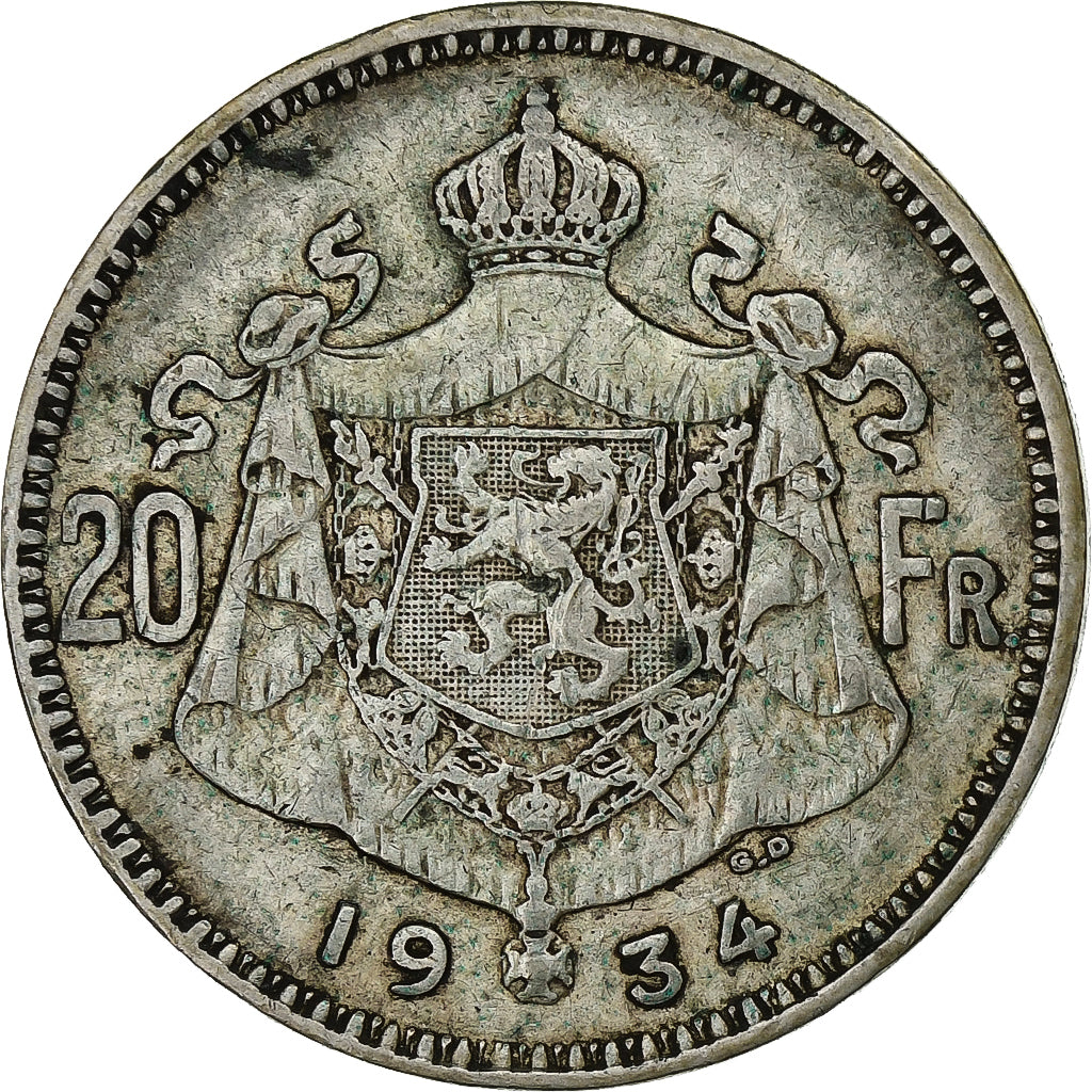 België, 20 Francs, 20 Frank, 1934, Zilver, FR+, KM:104.1
