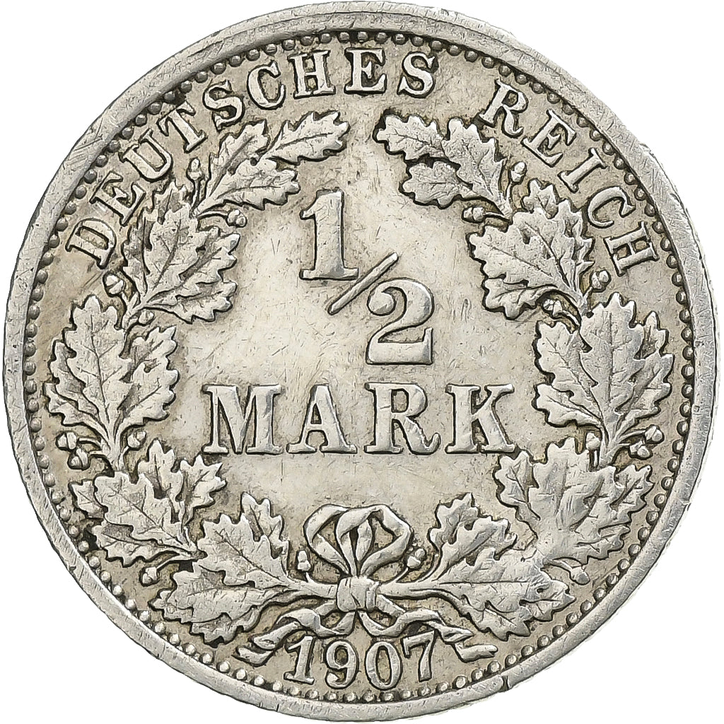 GERMANY - EMPIRE, 1/2 Mark, 1907, Stuttgart, Silber, SS, KM:17