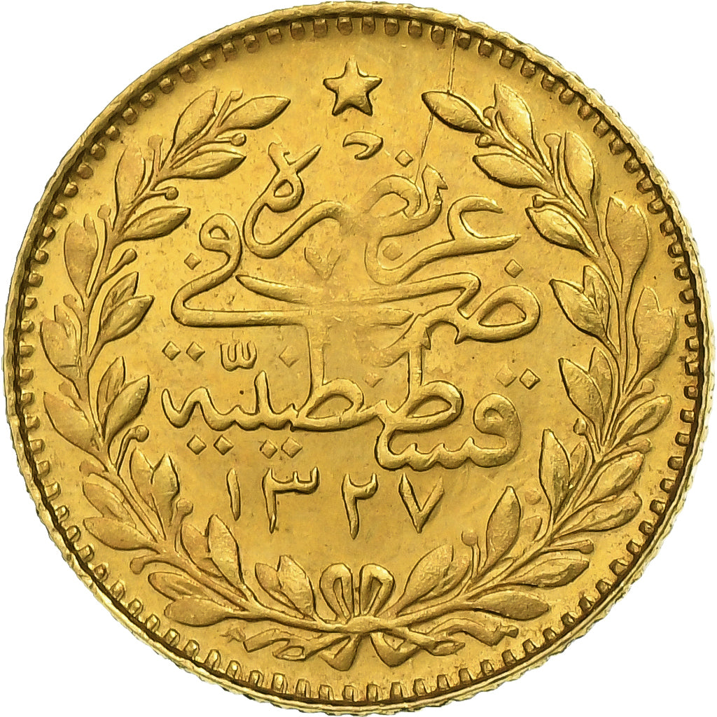 Turkey, Muhammad V, 25 Kurush, 1913/AH1327, Qustantiniyah, Gold, AU(55-58)