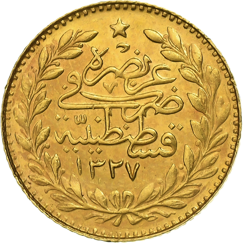 Turkey, Muhammad V, 25 Kurush, 1913/AH1327, Qustantiniyah, Gold, AU(55-58)