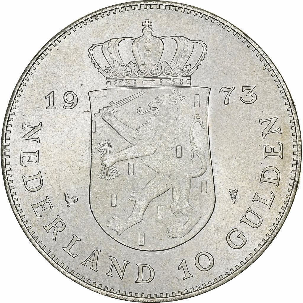 Netherlands, Juliana, 10 Gulden, 1973, Utrecht, Silver, MS(60-62), KM:196