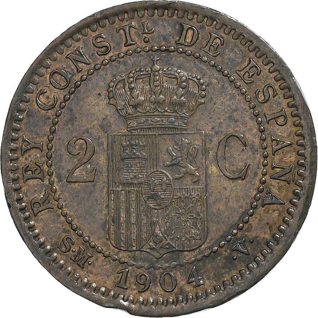 Spain, Alfonso XIII, 2 Centimos, 1904, Madrid, Copper, AU(50-53), KM:722