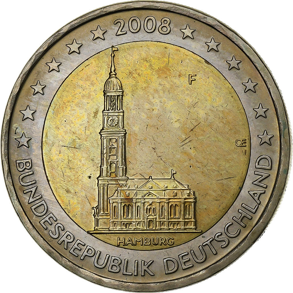 Niemcy - RFN, 2 Euro, 2008, Stuttgart, Bimetaliczny, AU(55-58), KM:261