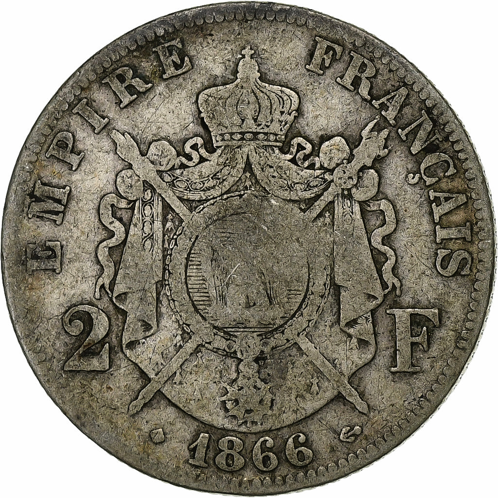 France, Napoléon III, 2 Francs, Napoléon III, 1866, Strasbourg, Argent, TB