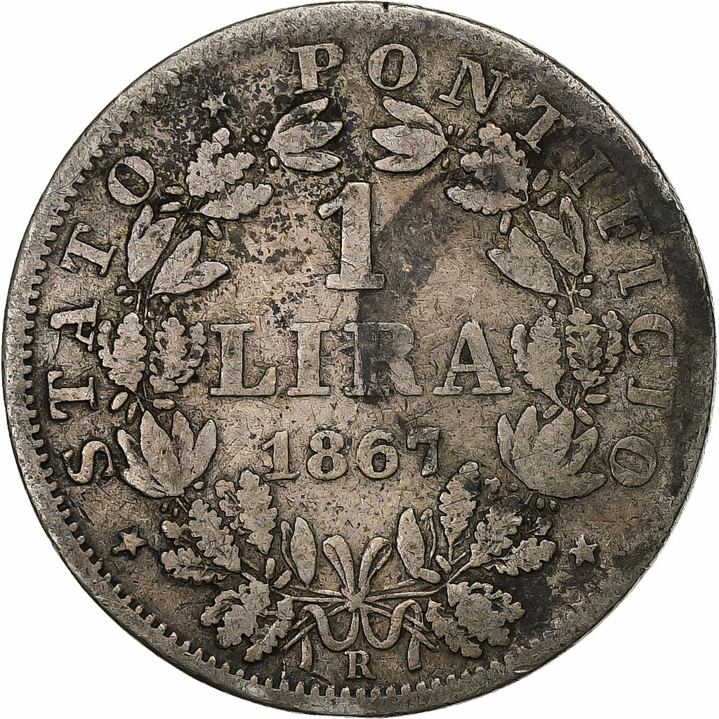 ITALIAN STATES, PAPAL STATES, Pius IX, Lira, 1867, Rome, Silver, VF(20-25)