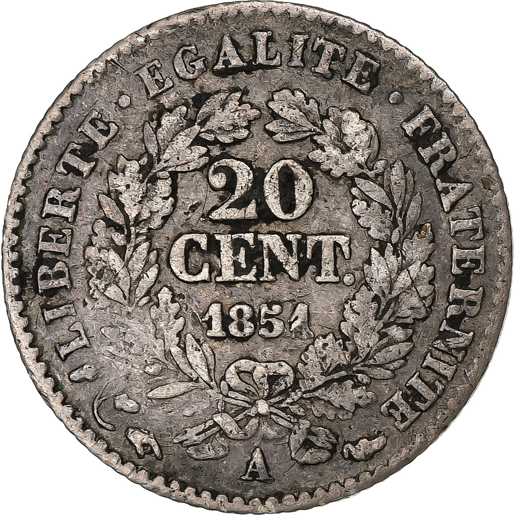 Frankrijk, 20 Centimes, Cérès, 1851, Paris, Zilver, FR+, Gadoury:303, KM:758.1