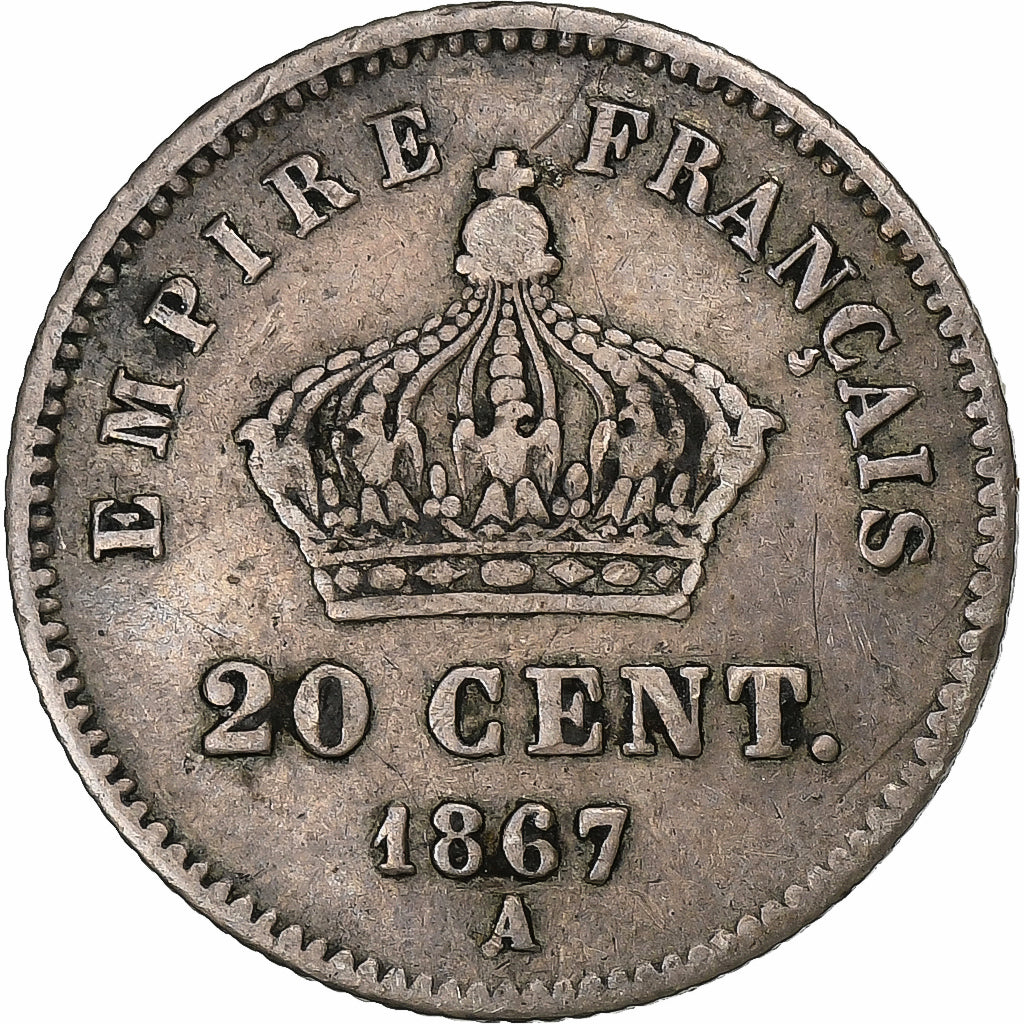 France, Napoleon III, 20 Centimes, Napoléon III, 1867, Paris, Silver