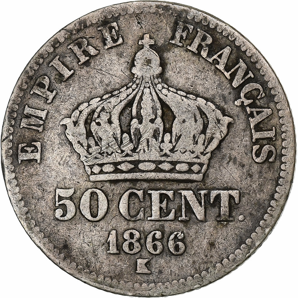 France, Napoleon III, 50 Centimes, 1866, Bordeaux, Silver, VF(20-25)