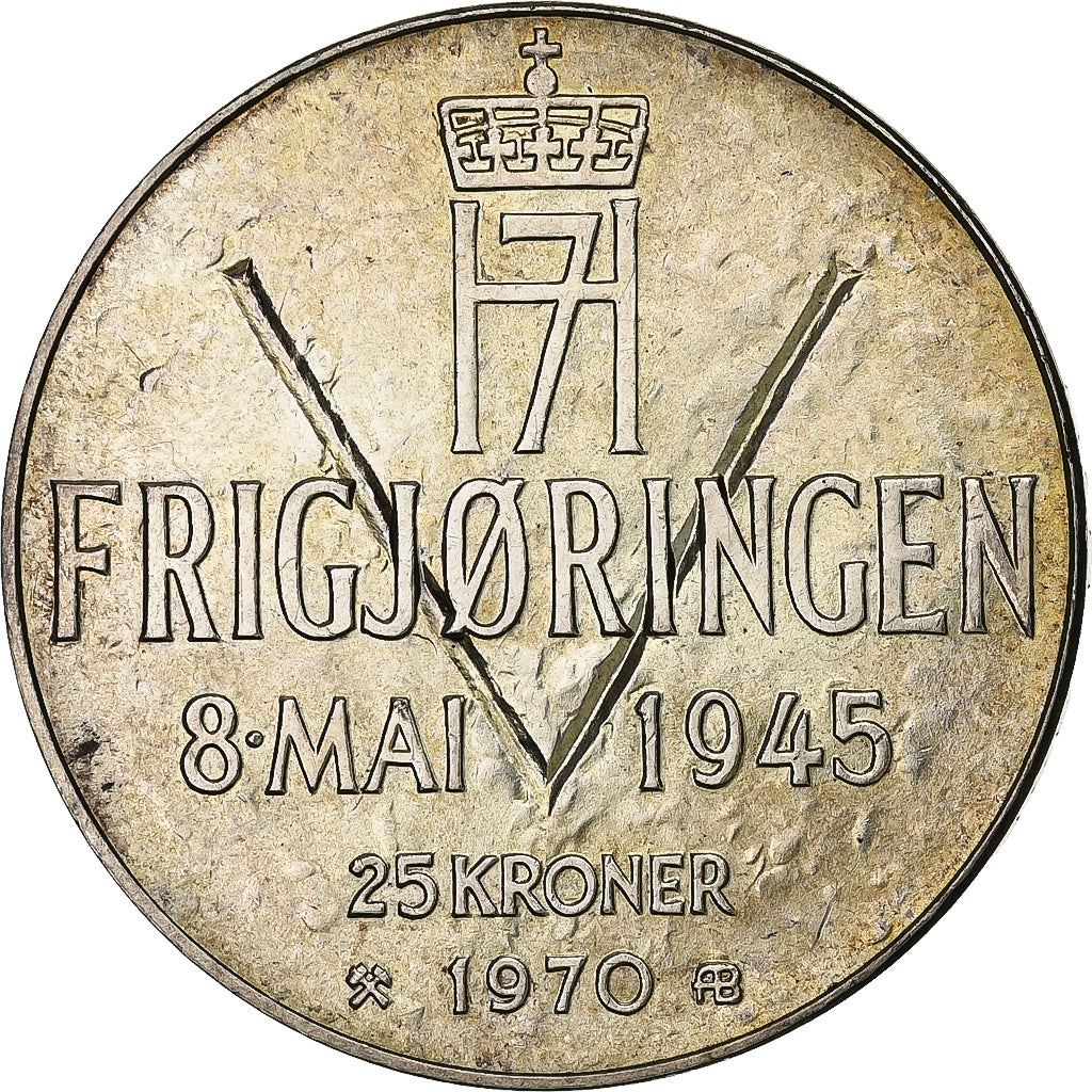 Noruega, Olav V, 25 Kroner, 1970, Plata, EBC+, KM:414