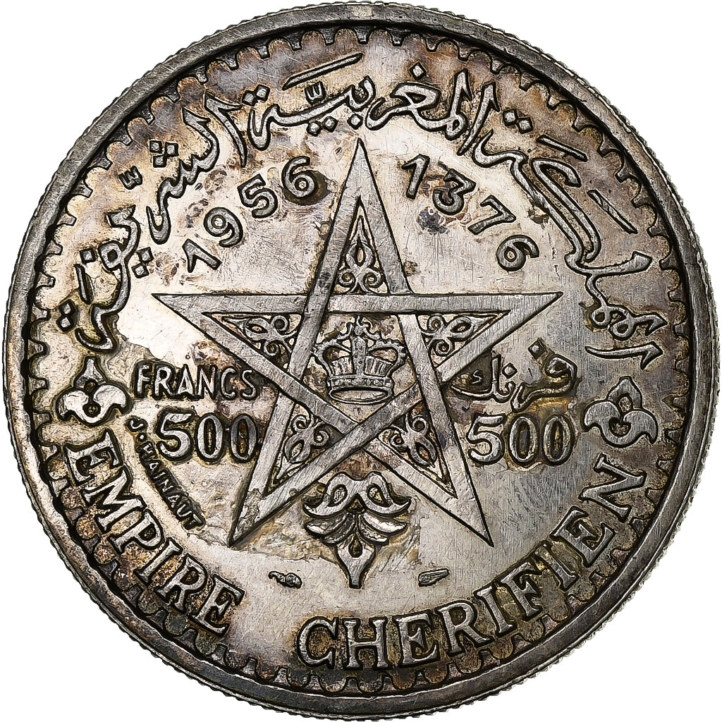 Marokko, Mohammed V, 500 Francs, 1956, Paris, Zilver, ZF, KM:54