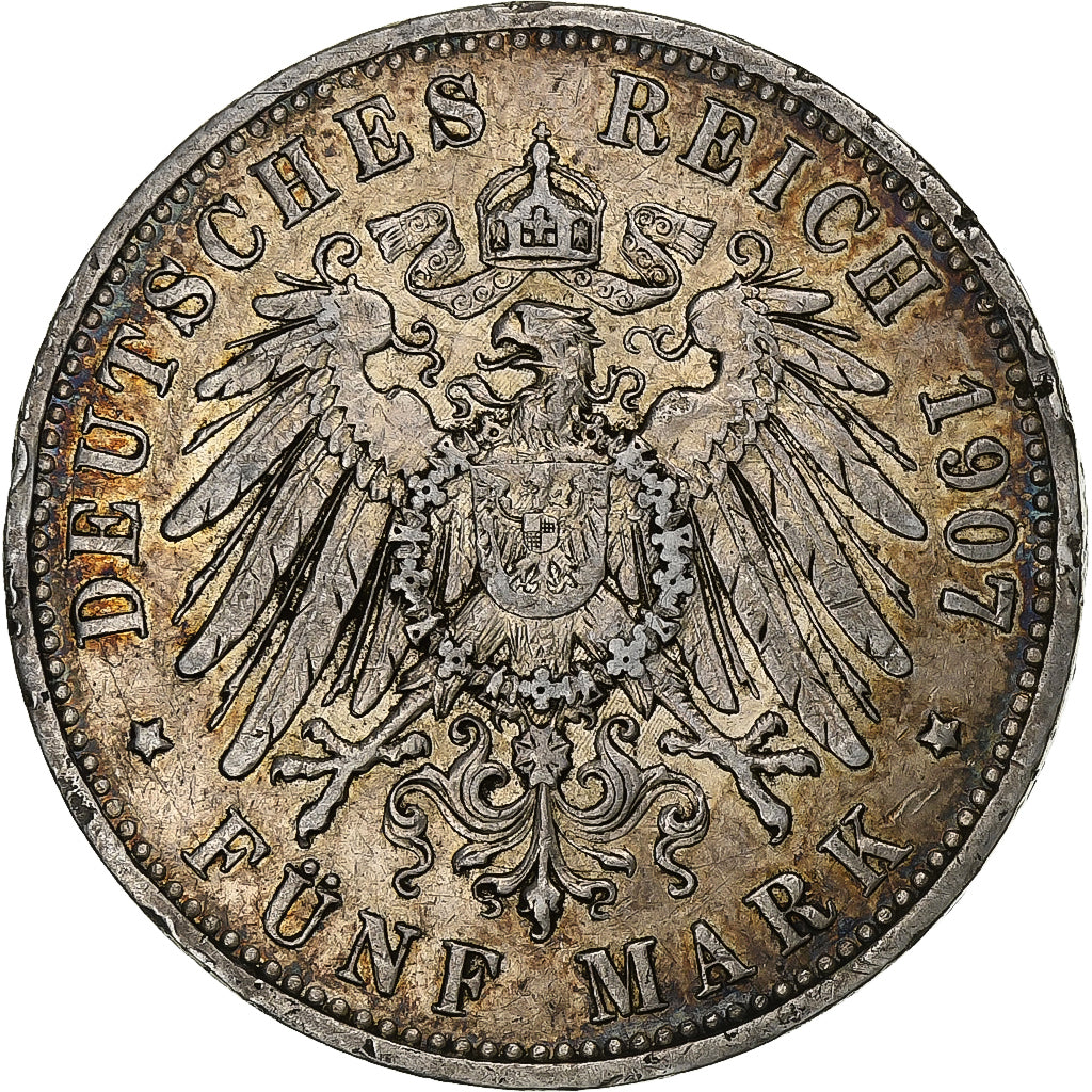 Deutsch Staaten, PRUSSIA, Wilhelm II, 5 Mark, 1907, Berlin, Silber, S+, KM:523