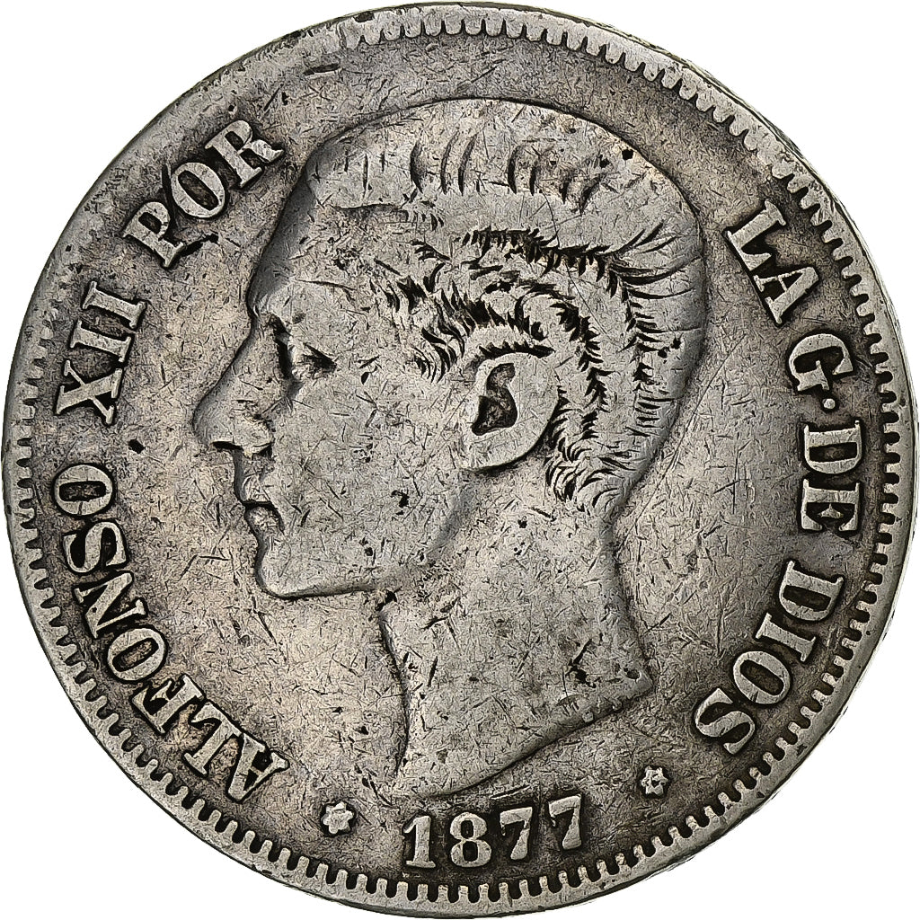 Spagna, Alfonso XII, 5 Pesetas, 1877, Madrid, Argento, MB, KM:676