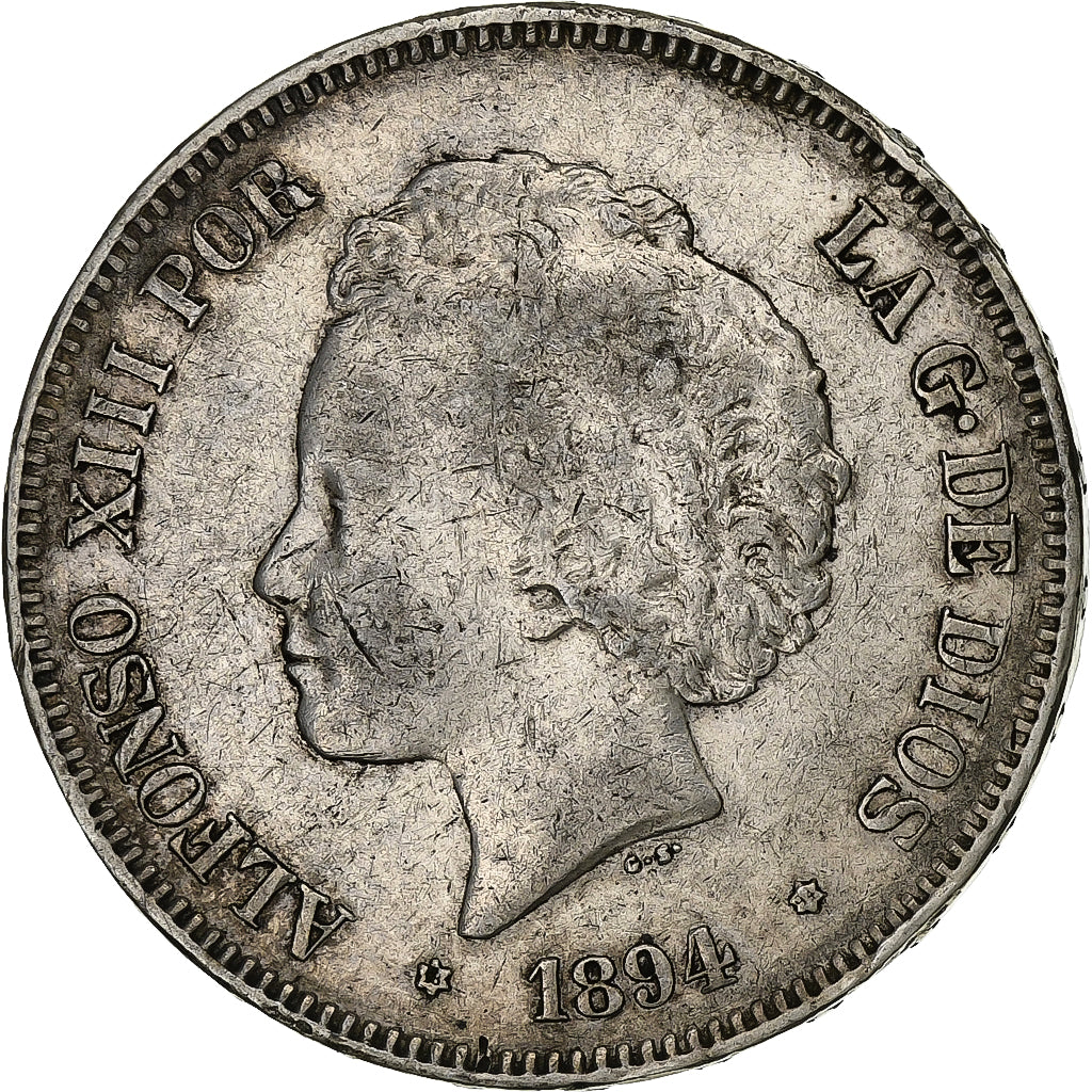 España, Alfonso XIII, 5 Pesetas, 1894, Valencia, Plata, BC+, KM:700