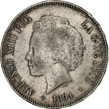 Spagna, Alfonso XIII, 5 Pesetas, 1894, Valencia, Argento, MB+, KM:700