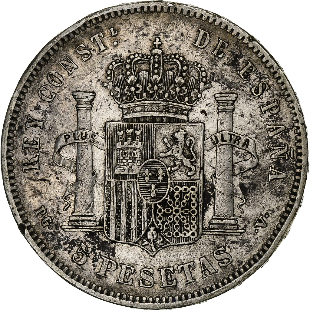 España, Alfonso XIII, 5 Pesetas, 1894, Valencia, Plata, BC+, KM:700