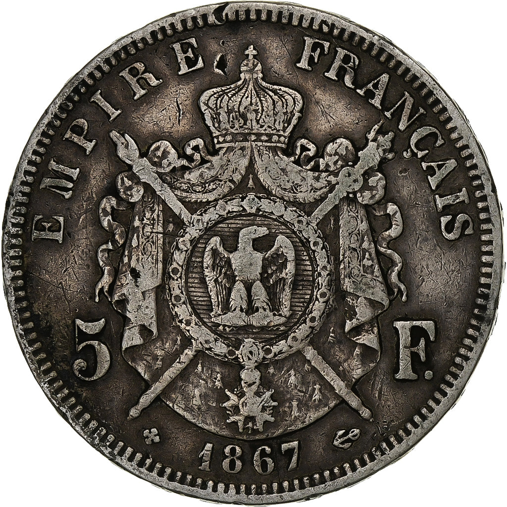 Frankreich, 5 Francs, Napoléon III, 1867, Strasbourg, Silber, S+, KM:799.2
