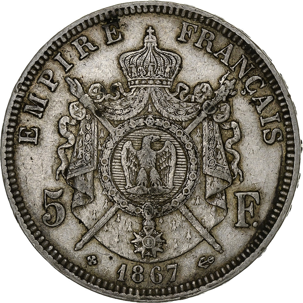 Francia, 5 Francs, Napoléon III, 1867, Strasbourg, Argento, BB, KM:799.2