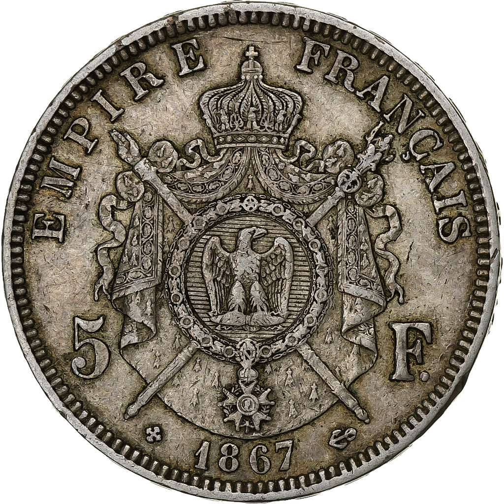 France, 5 Francs, Napoléon III, 1867, Strasbourg, Silver, EF(40-45), KM:799.2