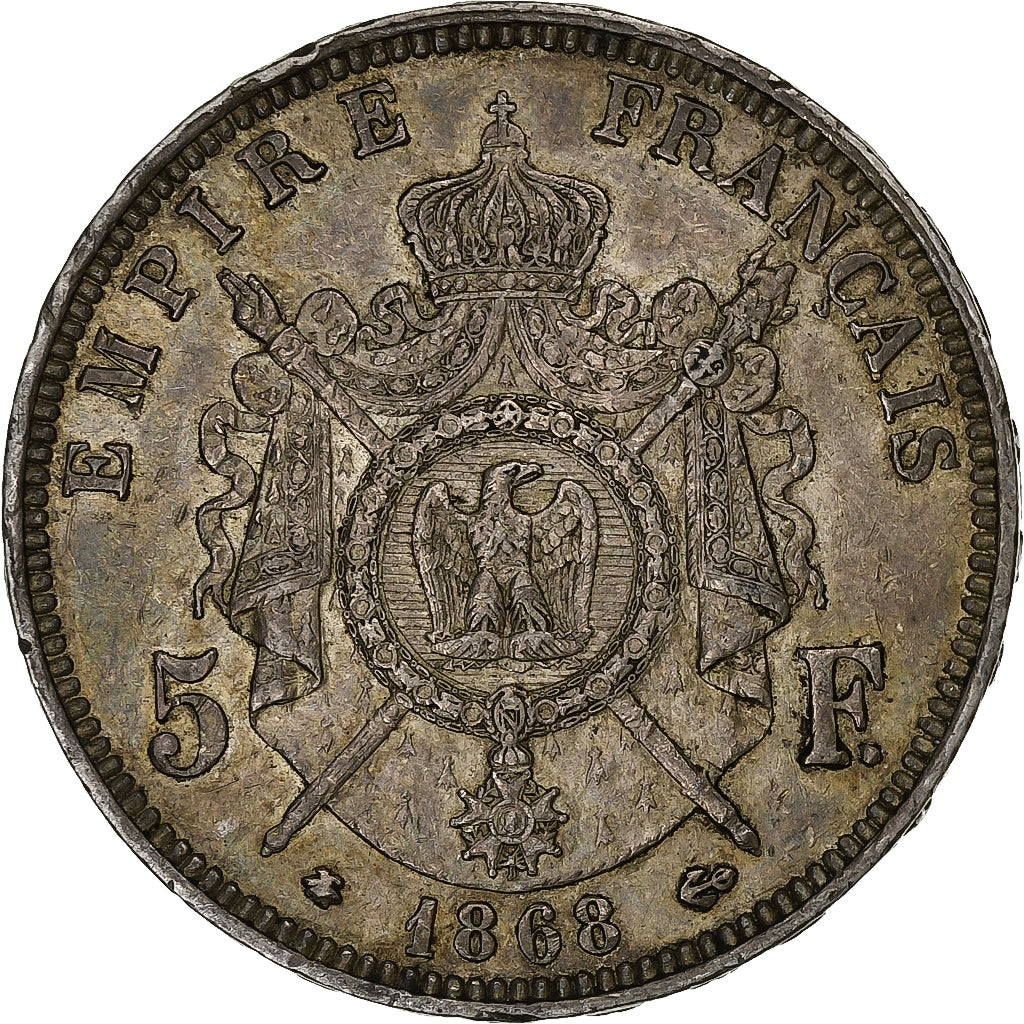 França, Napoleon III, 5 Francs, 1868, Strasbourg, Prata, EF(40-45), Gadoury:739