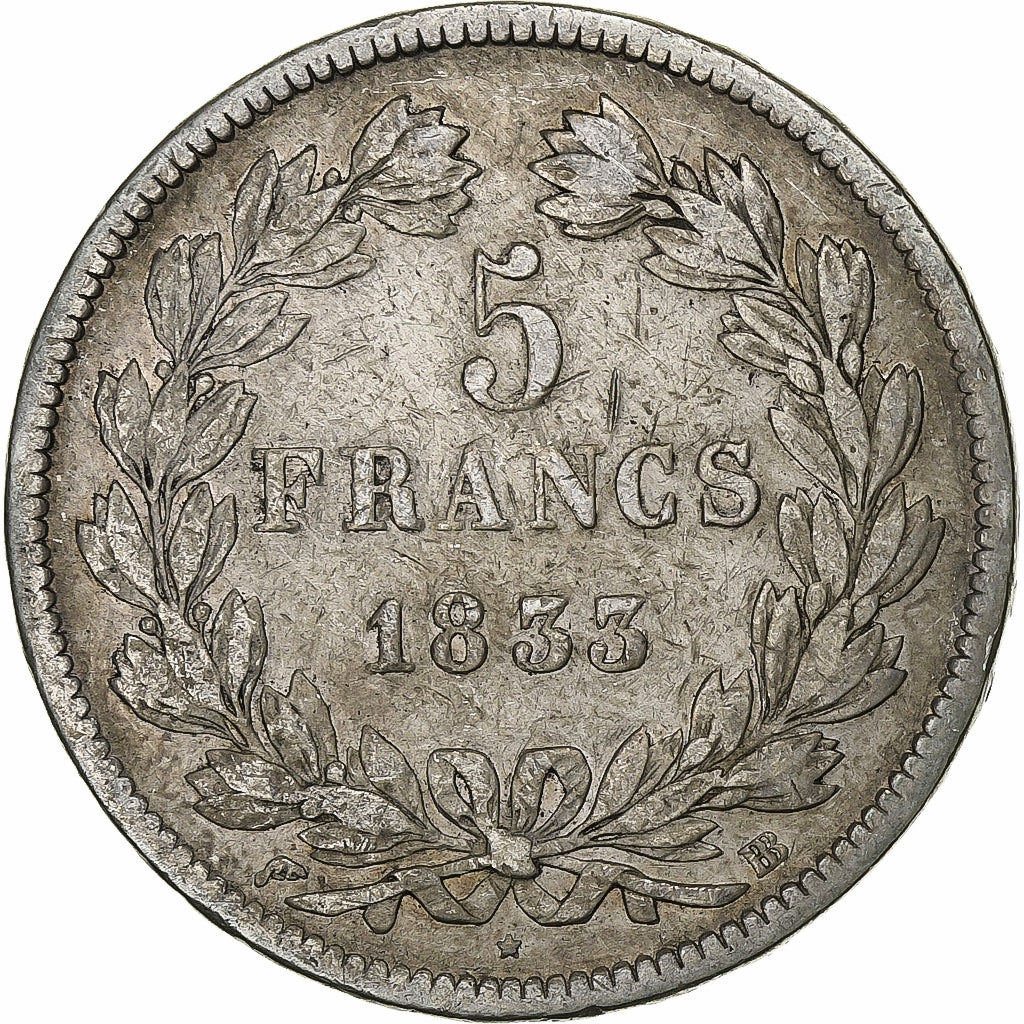 Francia, 5 Francs, Louis-Philippe, 1833, Strasbourg, Argento, MB, Gadoury:678