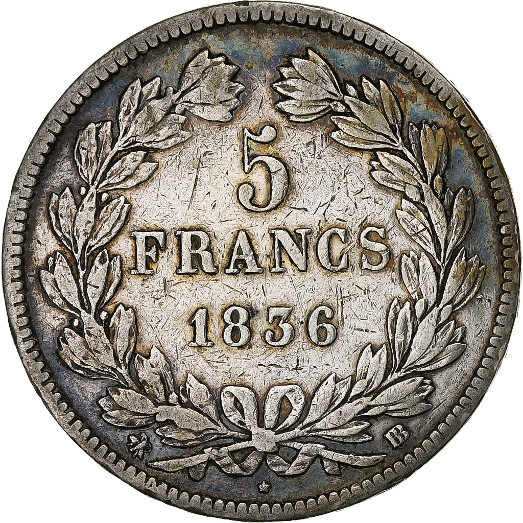 Francia, 5 Francs, Louis-Philippe, 1836, Strasbourg, Argento, MB+, Gadoury:678