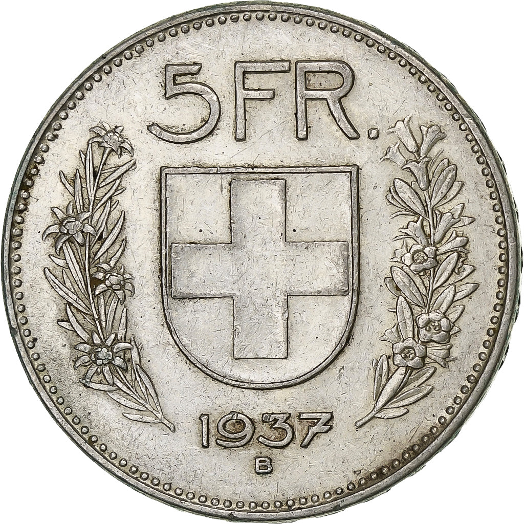 Coin, Switzerland, 5 Francs, 1937, Bern, EF(40-45), Silver, KM:40