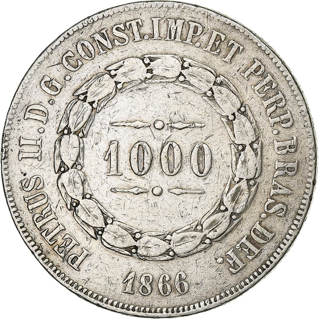 Brazil, Pedro II, 1000 Reis, 1866, Silver, VF(30-35), KM:465