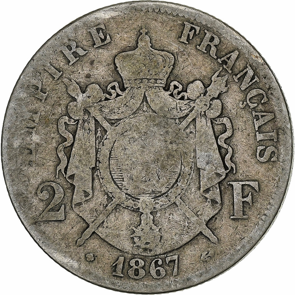 France, Napoléon III, 2 Francs, Napoléon III, 1867, Strasbourg, Argent, B+