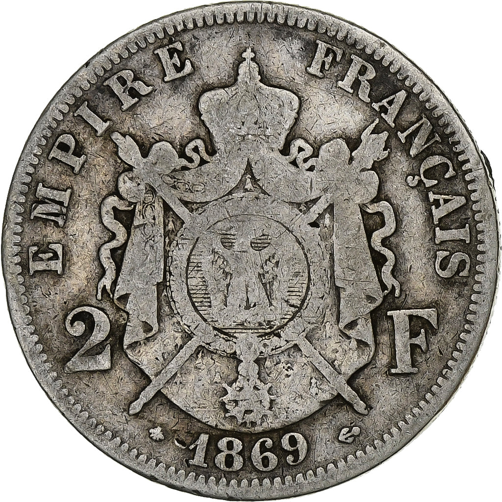 Francja, Napoleon III, 2 Francs, Napoléon III, 1869, Paris, Srebro, F(12-15)
