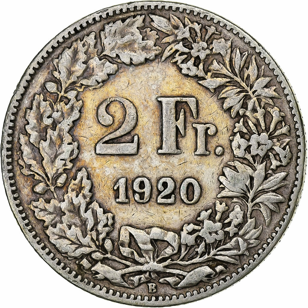 Suiza, 2 Francs, 1920, Bern, Plata, BC+, KM:21