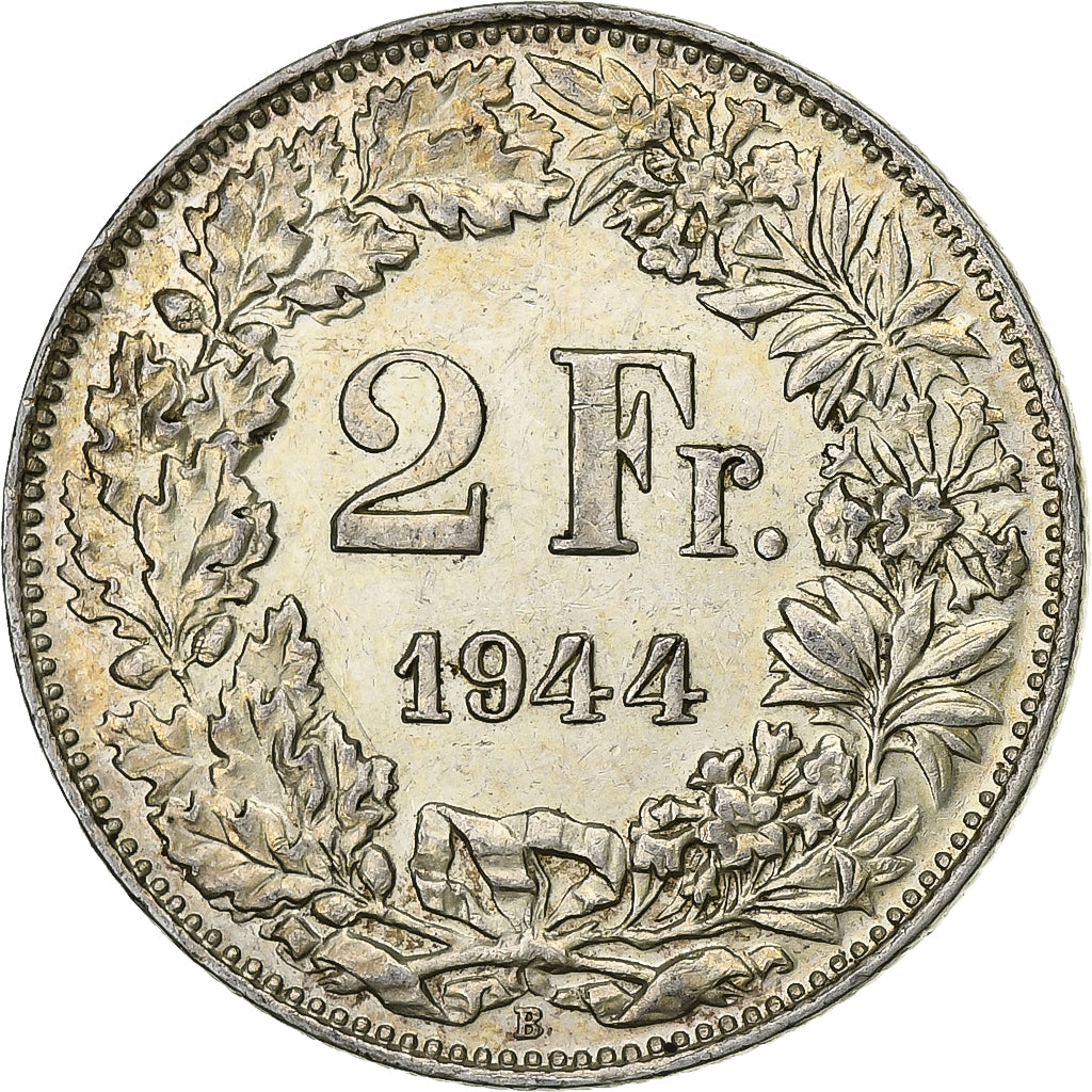 Suíça, 2 Francs, 1944, Bern, Prata, EF(40-45), KM:21