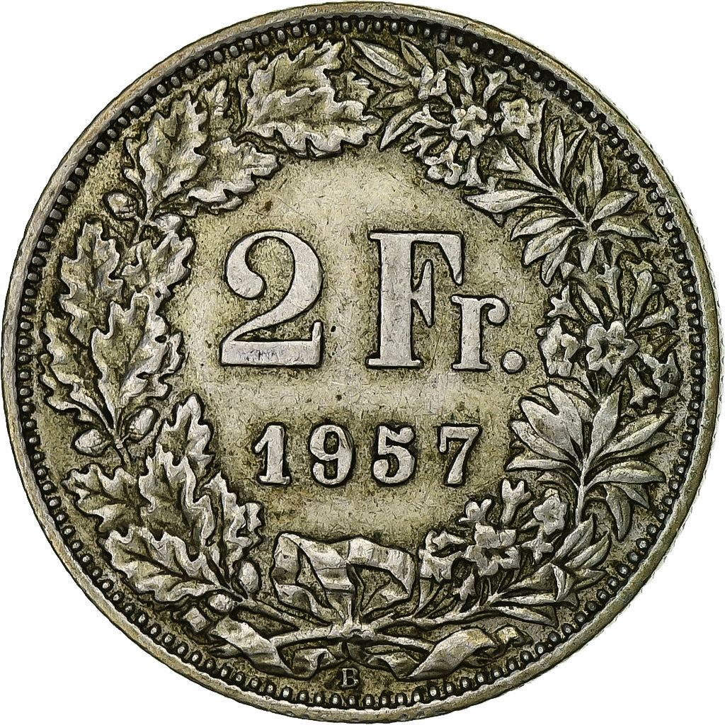 Switzerland, 2 Francs, 1957, Bern, Silver, VF(30-35), KM:21