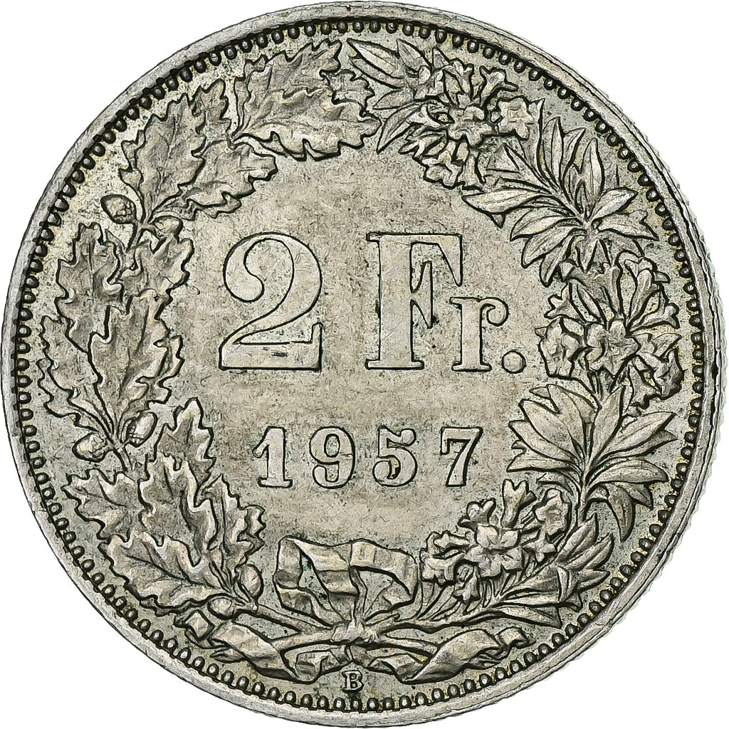 Switzerland, 2 Francs, 1957, Bern, Silver, EF(40-45), KM:21
