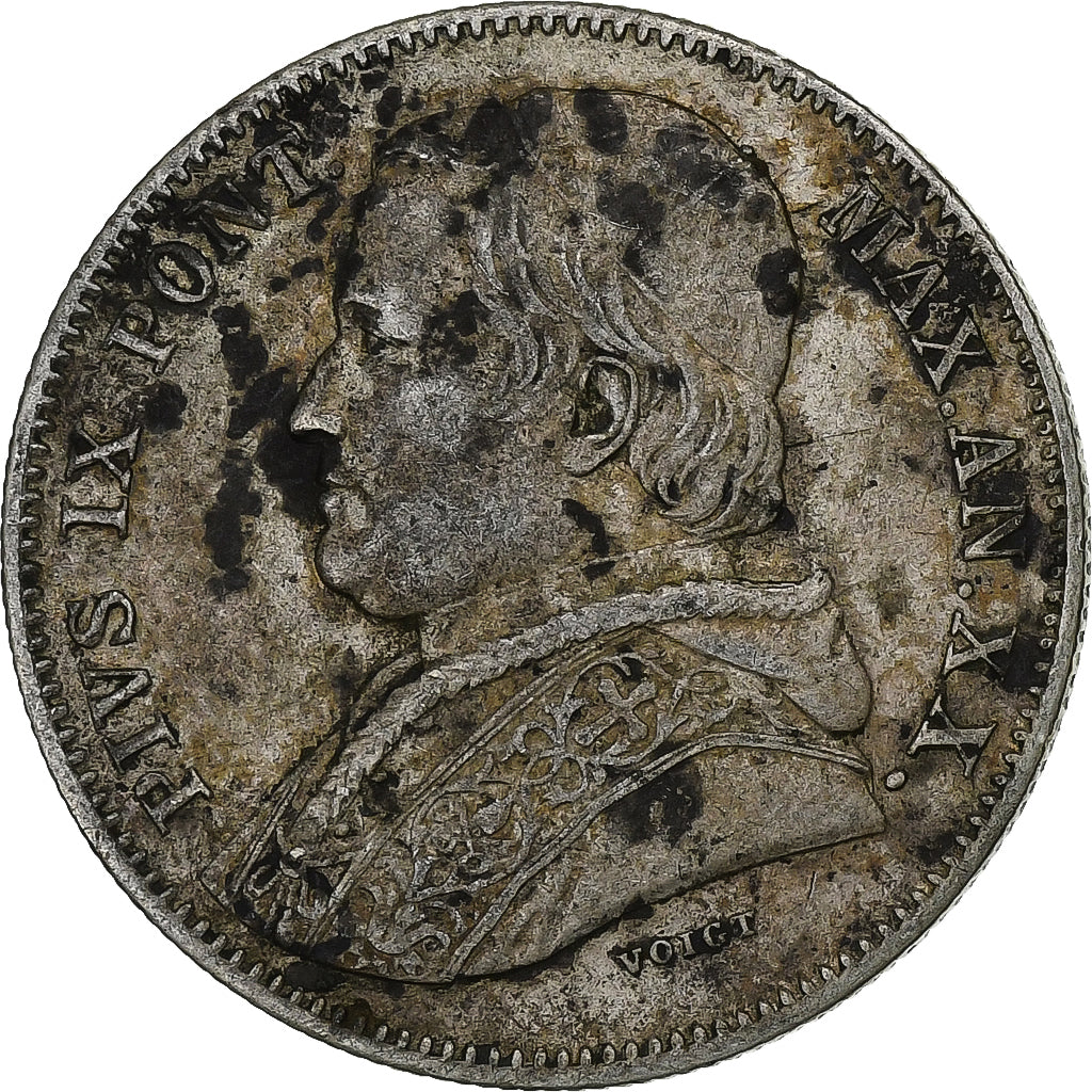 ITALIAN STATES, PAPAL STATES, Pius IX, 20 Baiocchi, 1865, Rome, Silver