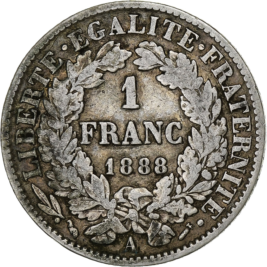 Francia, Franc, Cérès, 1888, Paris, Plata, BC+, Gadoury:465a, KM:822.1